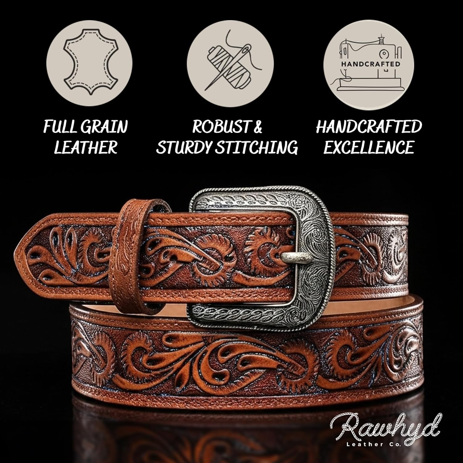 RAW HYD Full-Grain Men's Western Belts w/Buckle/Buckle Free - Robust Tooled Leather Belt - Versatile Western Belts for Men - Image 5