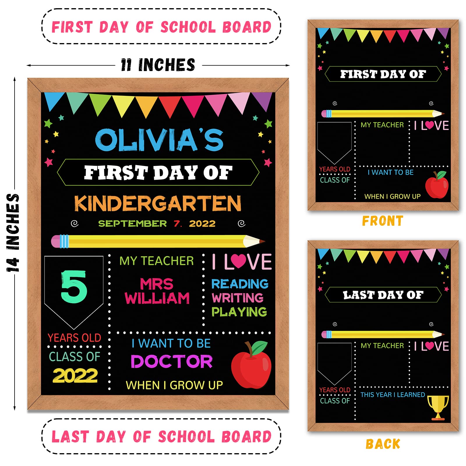 Pizarra para el primer y último día de escuela, 25,4 x 30,5 cm, letrero de regreso a clases de doble cara para niños, niñas, niños, pizarra de pizarra para el primer día de escuela, accesorio para