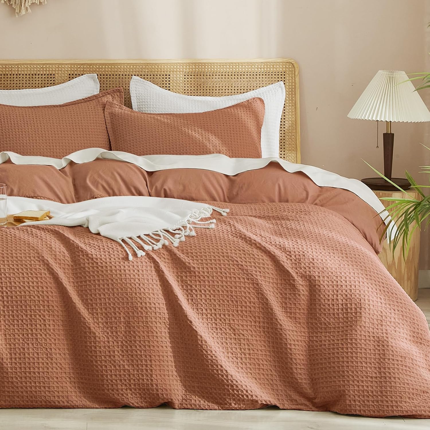 PHF Waffle Weave Duvet Cover Set King Size, No Snagging Ultra Soft Luxury Textured Breathable Comforter Cover for All Season 3pcs, Durable Bedding Duvet Set with 2 Pillow Shams, 104"x90", Terra Cotta King Terra Cotta (No Comforter)