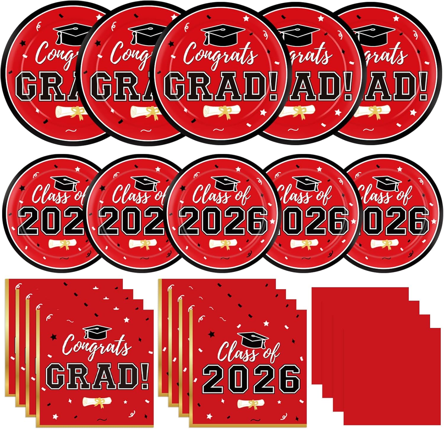 Labrostar Graduation Decorations 2026 Class of 2026 Congrats Grad Disposable Paper Plates Luncheon Napkins Cocktail Napkins Red Graduation Party Supplies Serve 50