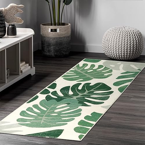 Miniatura 7 de Lukinbox Alfombras de pasillo de baño, antideslizantes, de hoja verde, pequeñas y largas, de microfibra suave, lavables a máquina para sala de