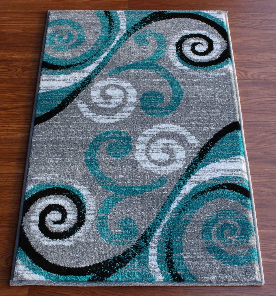 Masada Rugs, Stephanie Collection Area Rug Modern Contemporary Design 1100 Turquoise Grey White Black (2 Feet X 3 Feet) Mat