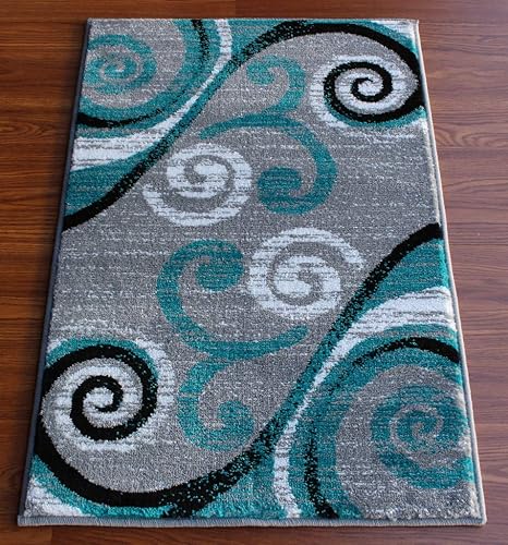 Miniatura 3 de Masada Rugs, Stephanie Collection - Alfombra de área moderna y contemporánea, 1100, turquesa, gris, blanco, negro (2 pies x 3 pies)