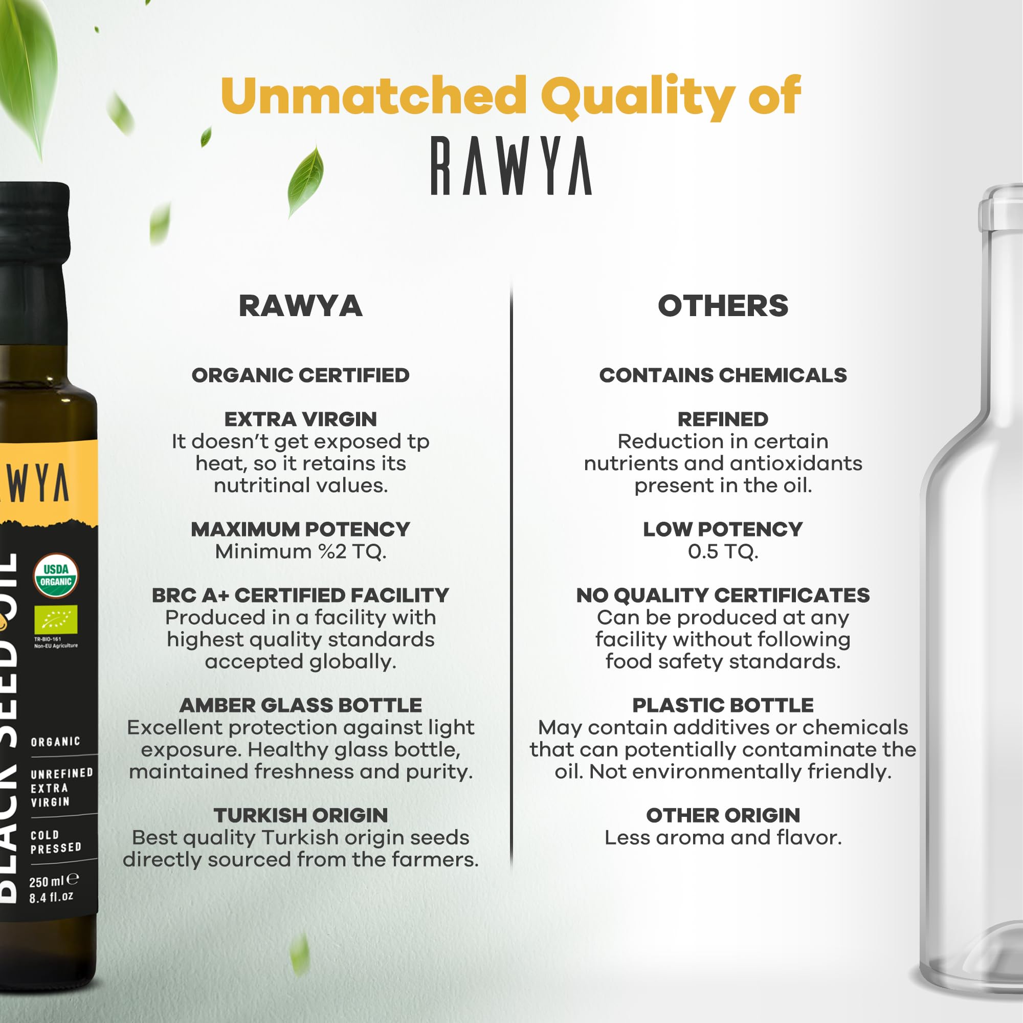 RAWYA Aceite de semilla negra orgánico, prensado en frío, origen turco, comino negro, Kalonji, suplemento Nigella Sativa con Omega 3, 6, 9, crecimiento del cabello y apoyo a la piel, sabor suave, 250