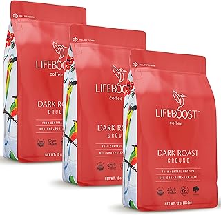 Lifeboost Coffee 3 Pack Dark Roast Ground Coffee - Low Acid Single Origin USDA Organic Coffee - Non-GMO Ground Coffee Beans Dark Roast Third Party Tested For Mycotoxins & Pesticides - 12 Ounces