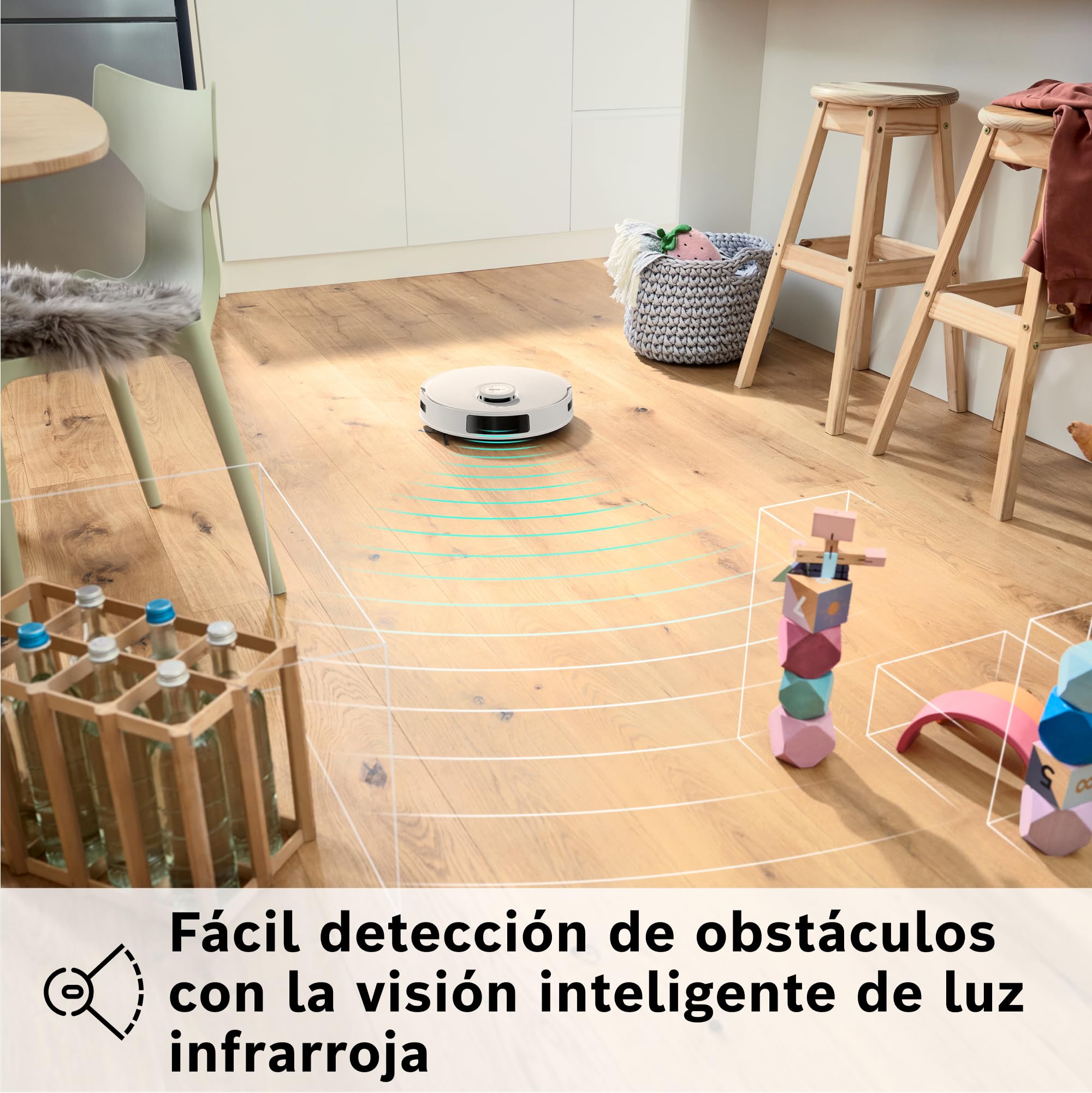 Bosch - Robot Aspirador Spotless +, aspira y friega, Potencia 11.000 Pa², Almohadilla húmeda Fija, estación Seca, Sistema Inteligente de visión por Infrarrojos, Bosch Home Connect App, Blanco, BCRD1W