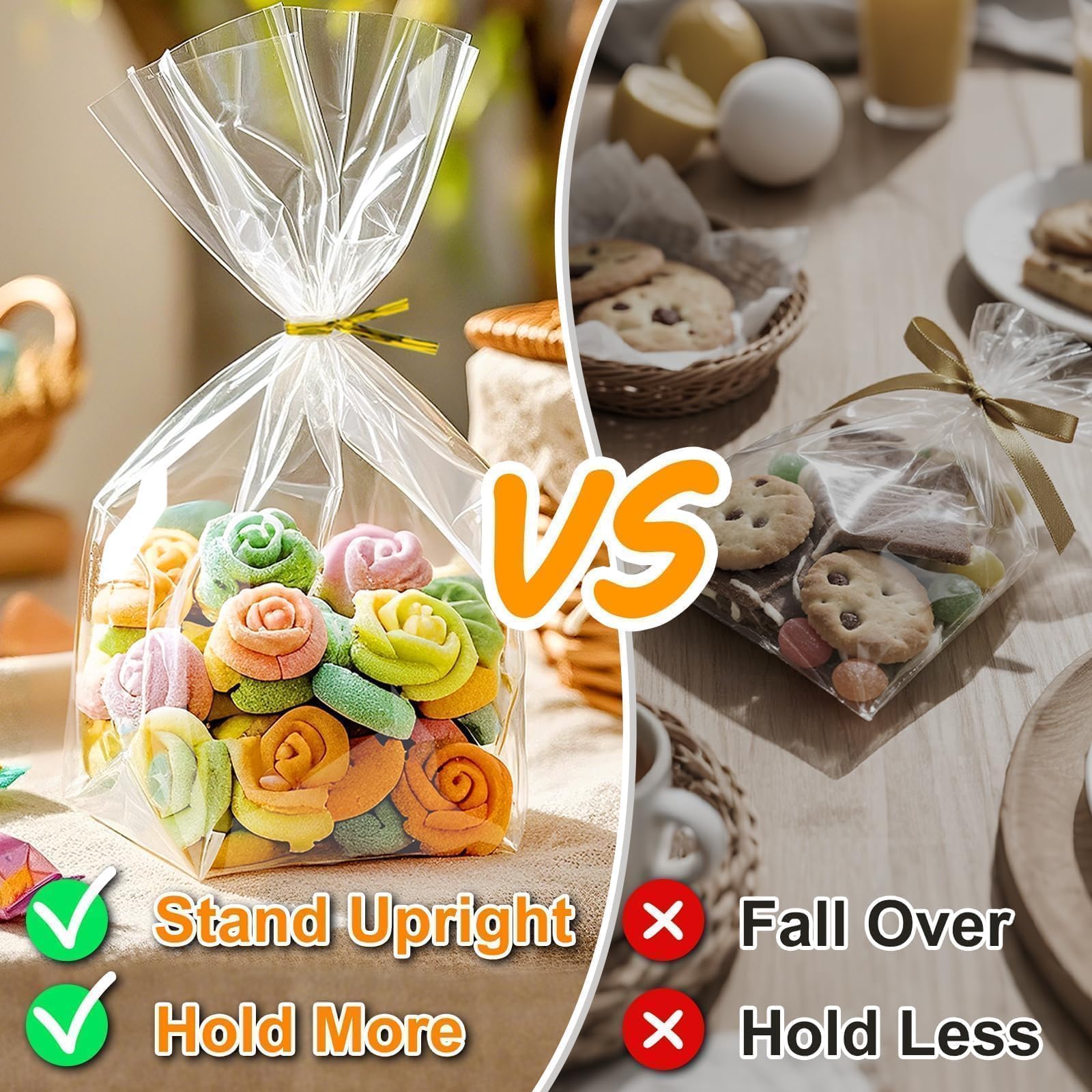 PigPotParty Bolsas de celofán de 6 x 9 pulgadas, paquete de 50 bolsas transparentes con refuerzo inferior para exhibición de pie, pequeño envoltorio de regalo de plástico para galletas, dulces