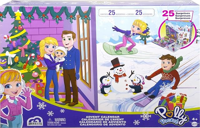 Polly Pocket Advent Calendar with Winter Family Fun Theme & 25 Days of Surprises (34 Total Play Pieces) to Discover: Pocket Family Dolls, Snow Play Vehicles, Toy Treats