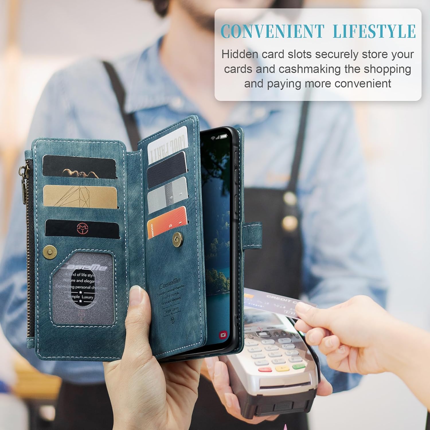 Compatible with Samsung Galaxy A36 5G Wallet Case with Card Holder Kickstand Magnetic Zipper Pocket Lanyard Strap Wristlet,Leather Flip Case Wallet for Galaxy A36 5G 6.7 Inch(Blue)