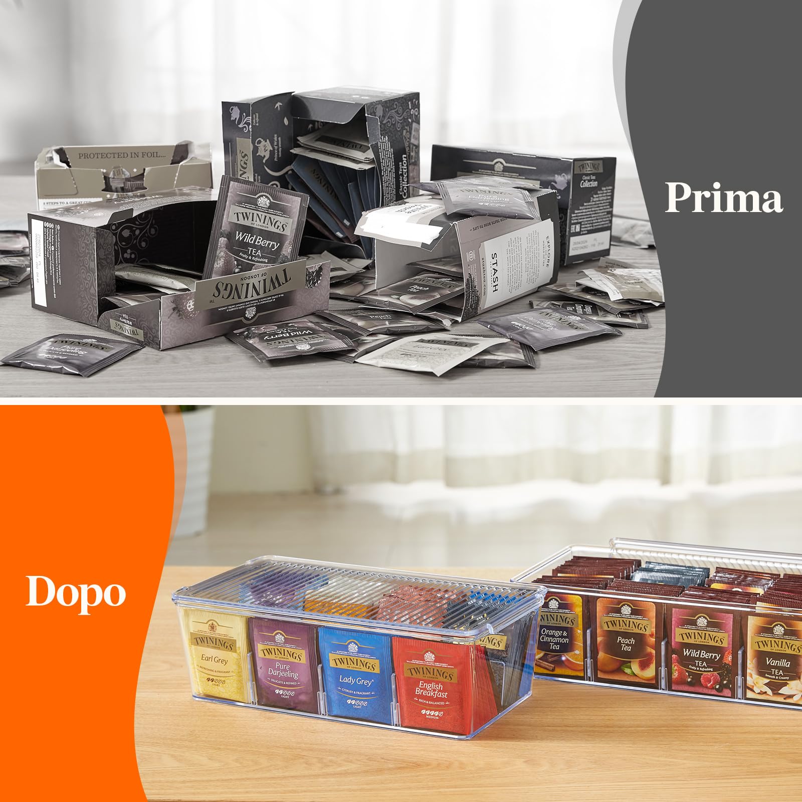 Lifewit Scatola da tè, Porta Tisane, Scatola Portaoggetti Plastica, Scatola da tè con 8 Scomparti, Porta Bustine The e Tisane, Scatola Spezie per Cucina, Cassetto, Trasparente, 2 Pezzi, 29cm(L)