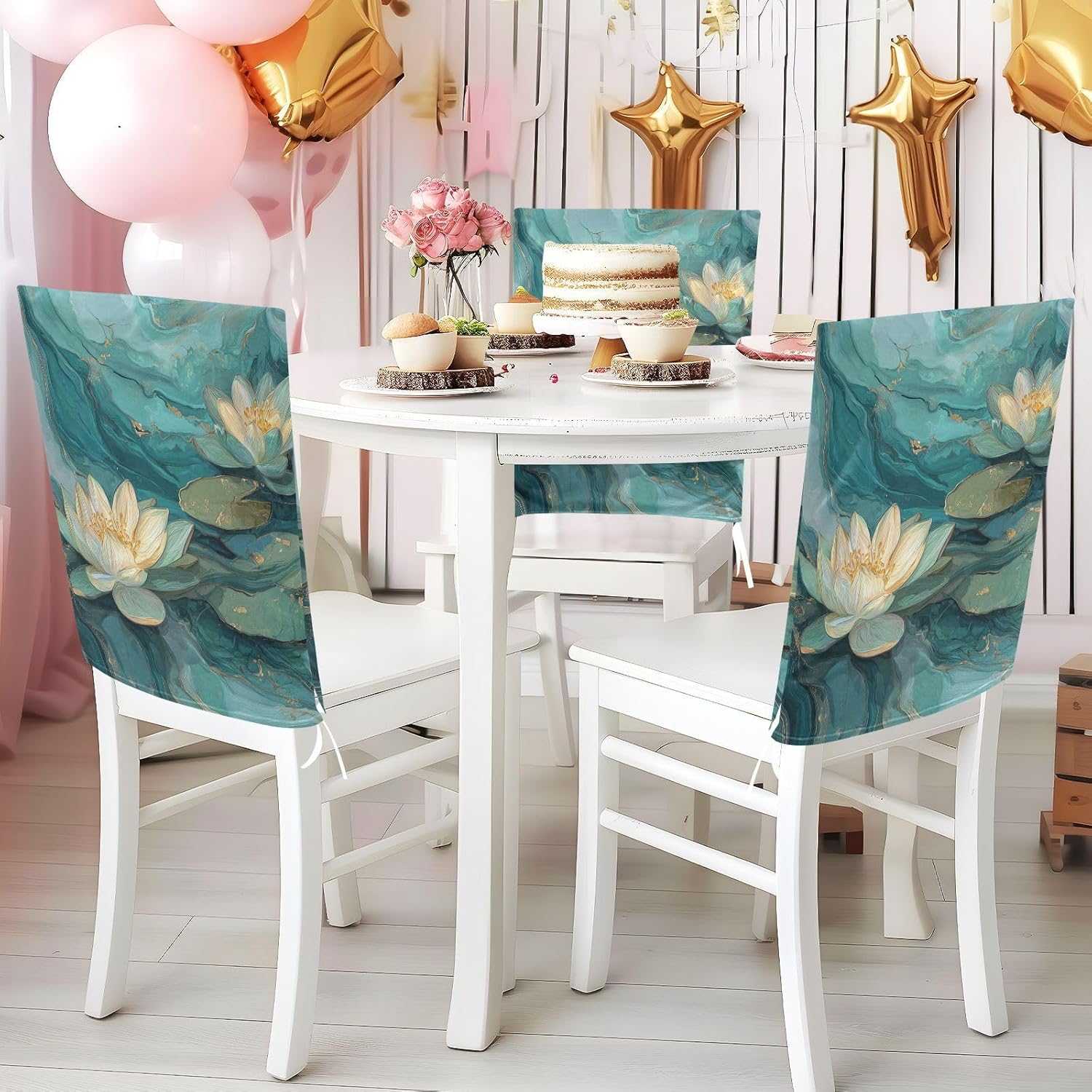 ALAZA Teal White Marble Lotus Flowers Chair Back Cover Set of 6, Washable Reusable Removable Chair Slipcovers Decorative Chair Cover for Home Kitchen Wedding Party