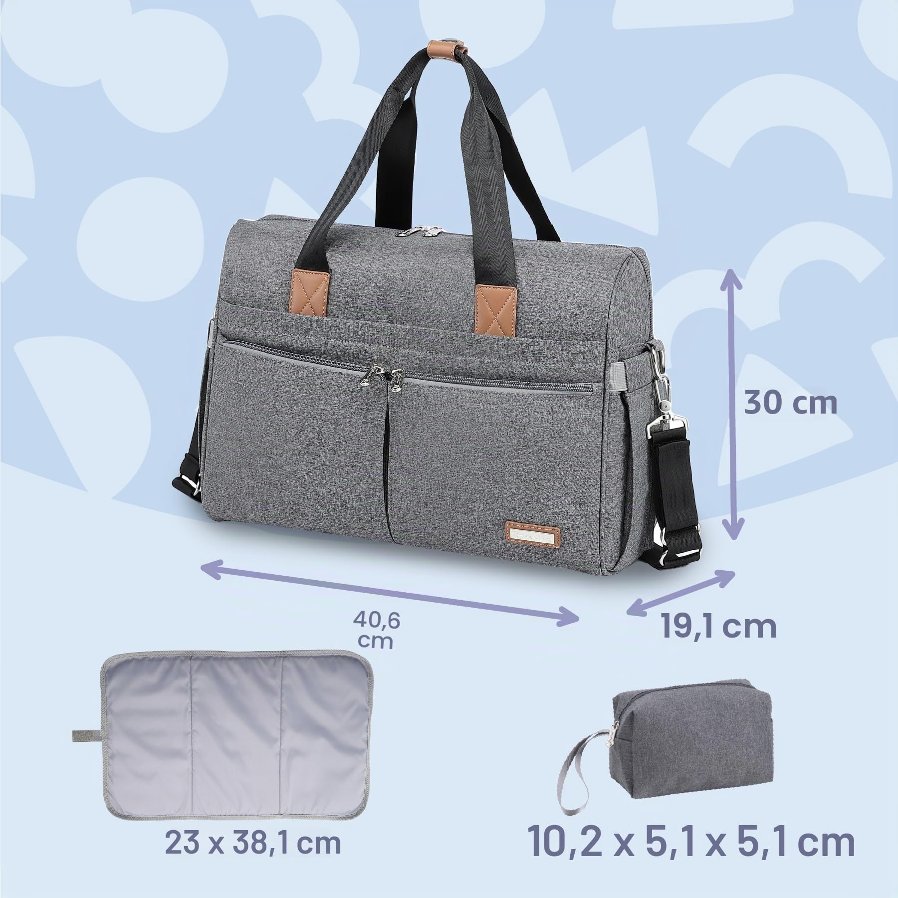 RUVALINO Bolso Cambiador de gran tamaño estilo Bolso con Bandolera para Bebé niño y niña Bolsillos isotérmicos Cambiador Correas de Cochecito Bolsa de Maternidad Mamá y Papá Convertible Gris