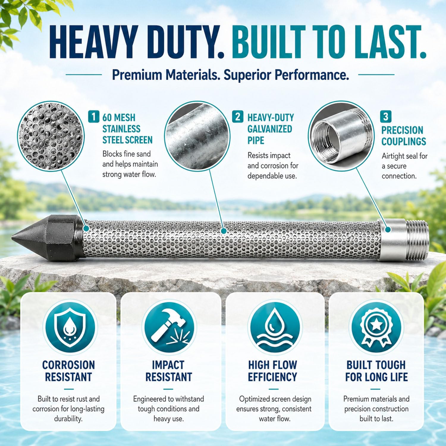 Kit Pozo Filtro Arena, Tubos galvanizados pozos Superficiales BasicKit | Kit pozo arena 1-1/4" alta resistencia, filtro 60 mallas, tuberías galvanizadas con manguitos para jardín