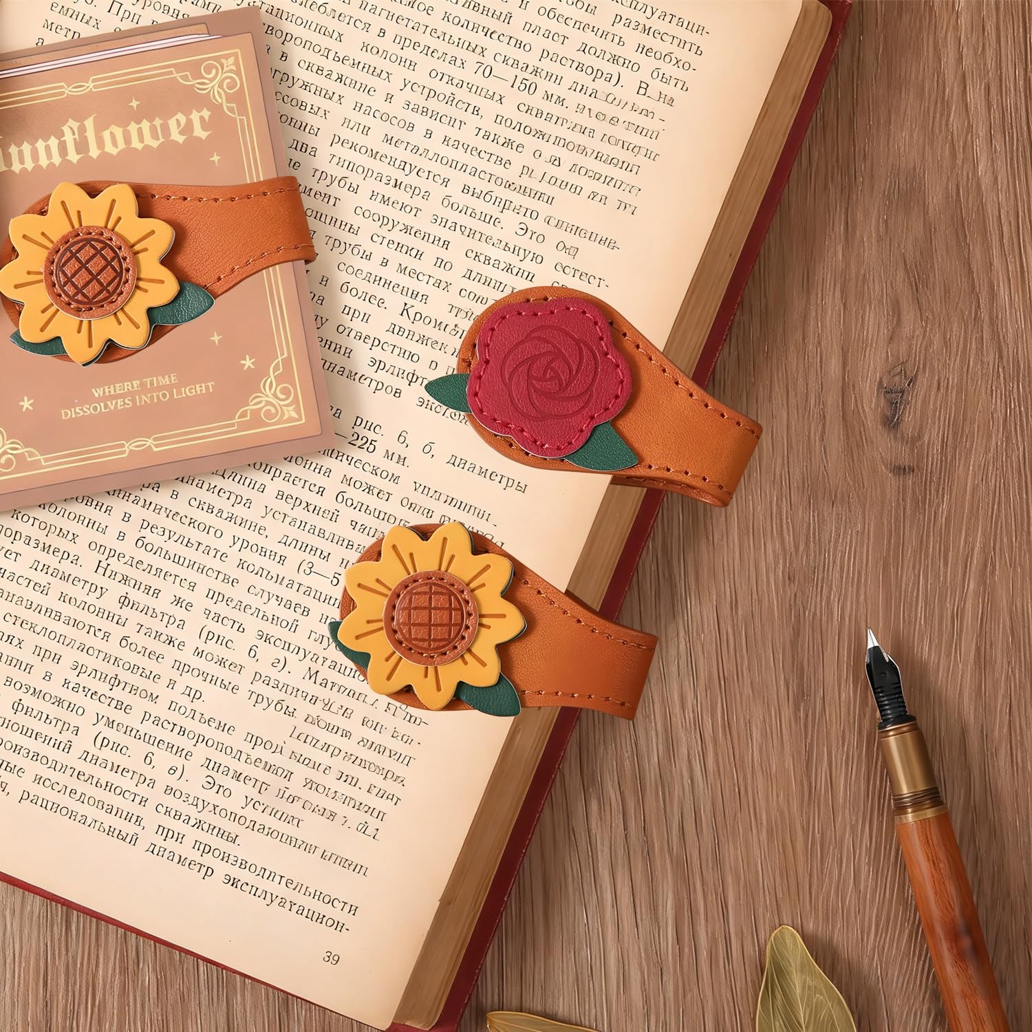 - 2PCS Vintage Magnetic Bookmark, Leather Bookmarks with Pen Holder Book Marker Clip Book Accessories Book Marks for Reading Women, Men, Book Lovers Gifts - Sunflower&Rose