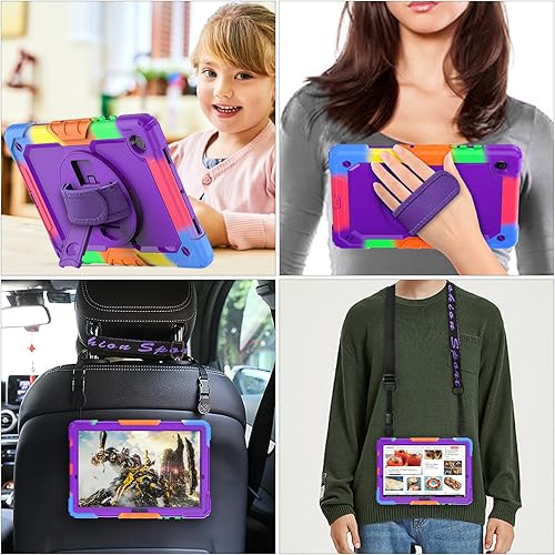 Miniatura 4 de SEYMAC stock Funda a prueba de golpes con correa de mano de 360 para Samsung Galaxy Tab A8 10.5 pulgadas, púrpura+colorido