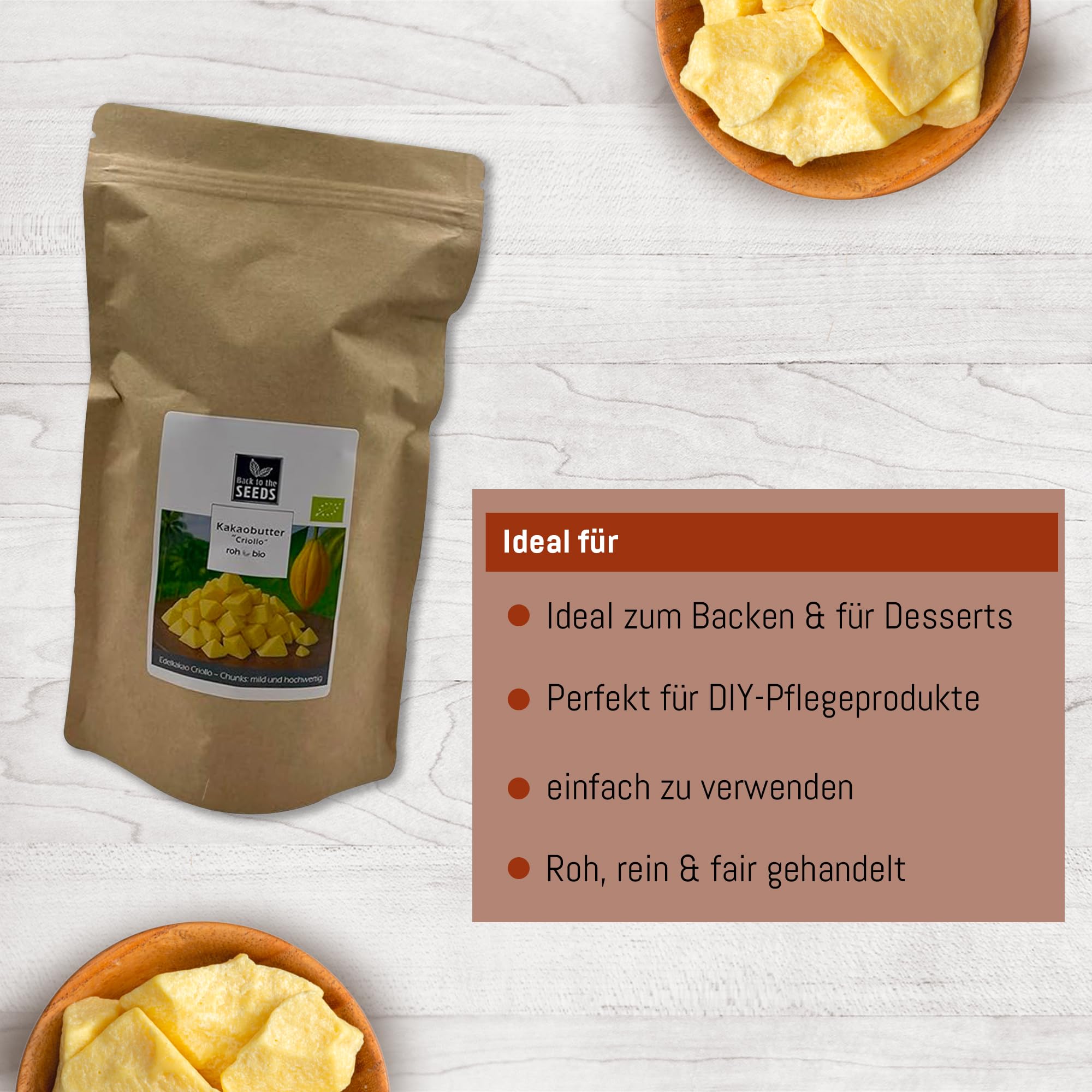 Bio Edel­kakao Butter Chunks Criollo 600g – Rohkostqualität | Naturbelassene Kakao­butter aus Criollo Bohnen | Vegan & Superfood für Backen, Smoothies & Desserts