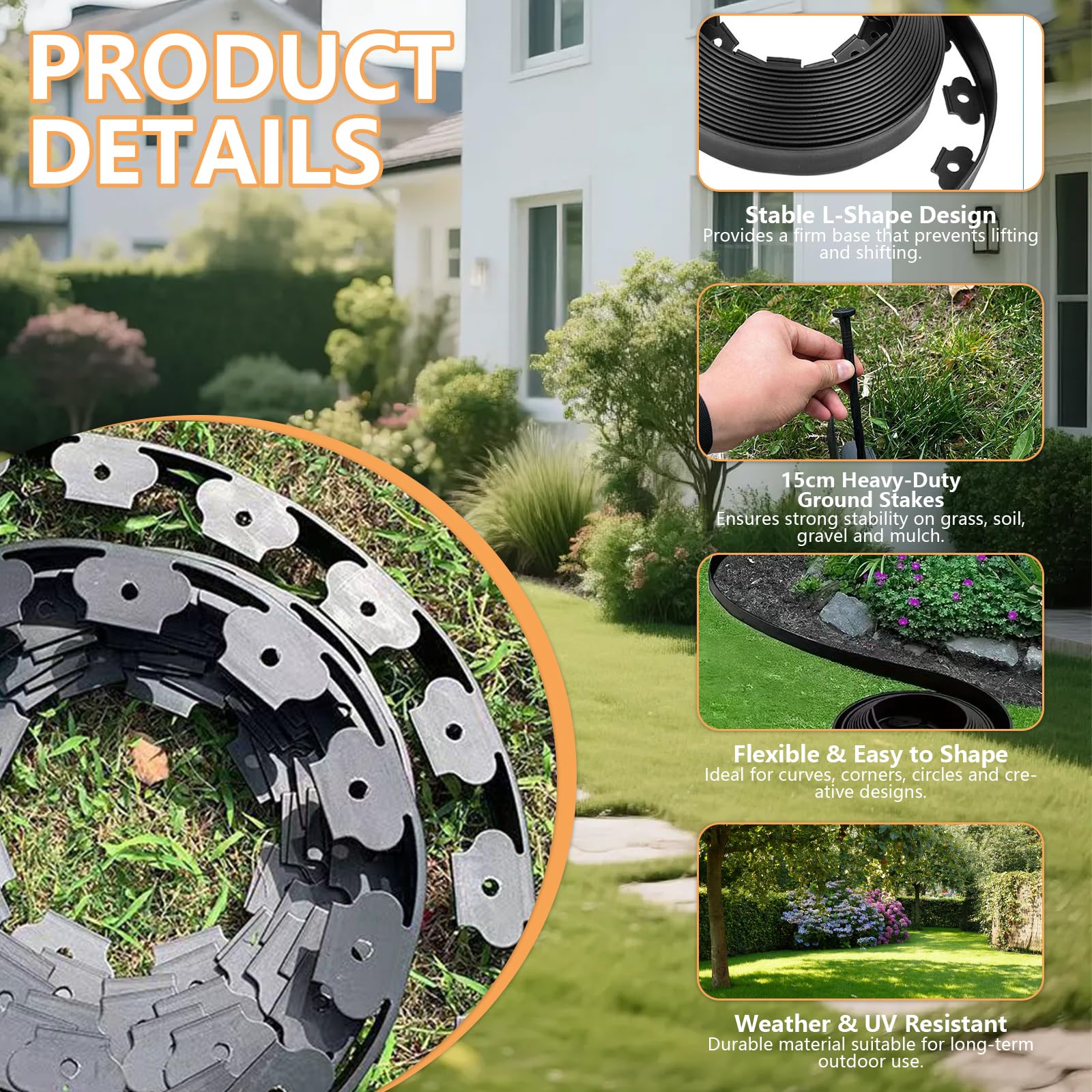Bordo per Aiuole da Giardino 10 m con 60 Picchetti – Bordura per Prato in Plastica Flessibile, Altezza 5 cm – Separatore per Aiuole e Vialetti, Nero