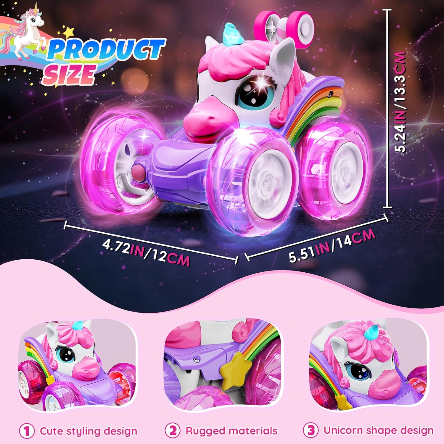 Unicorn Remote Control Car Toys for Girl - 360° Rotating Pink RC Stunt Cars 4WD Remote Cars for Kids, 2.4GHz Toy Car with LED Lights, Birthday Gift for 3 4 5 6 7 8 9 Year Old Girl