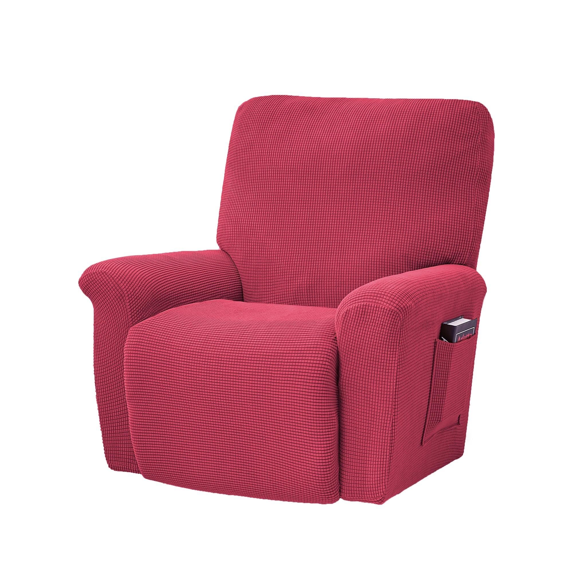 BEIWOSHA Stretch Recliner Chair Covers, 4-Piece Soft Sofa Cover Thick Single Seat Couch Cover Jacquard Recliner Slipcover with Pocket(Red)
