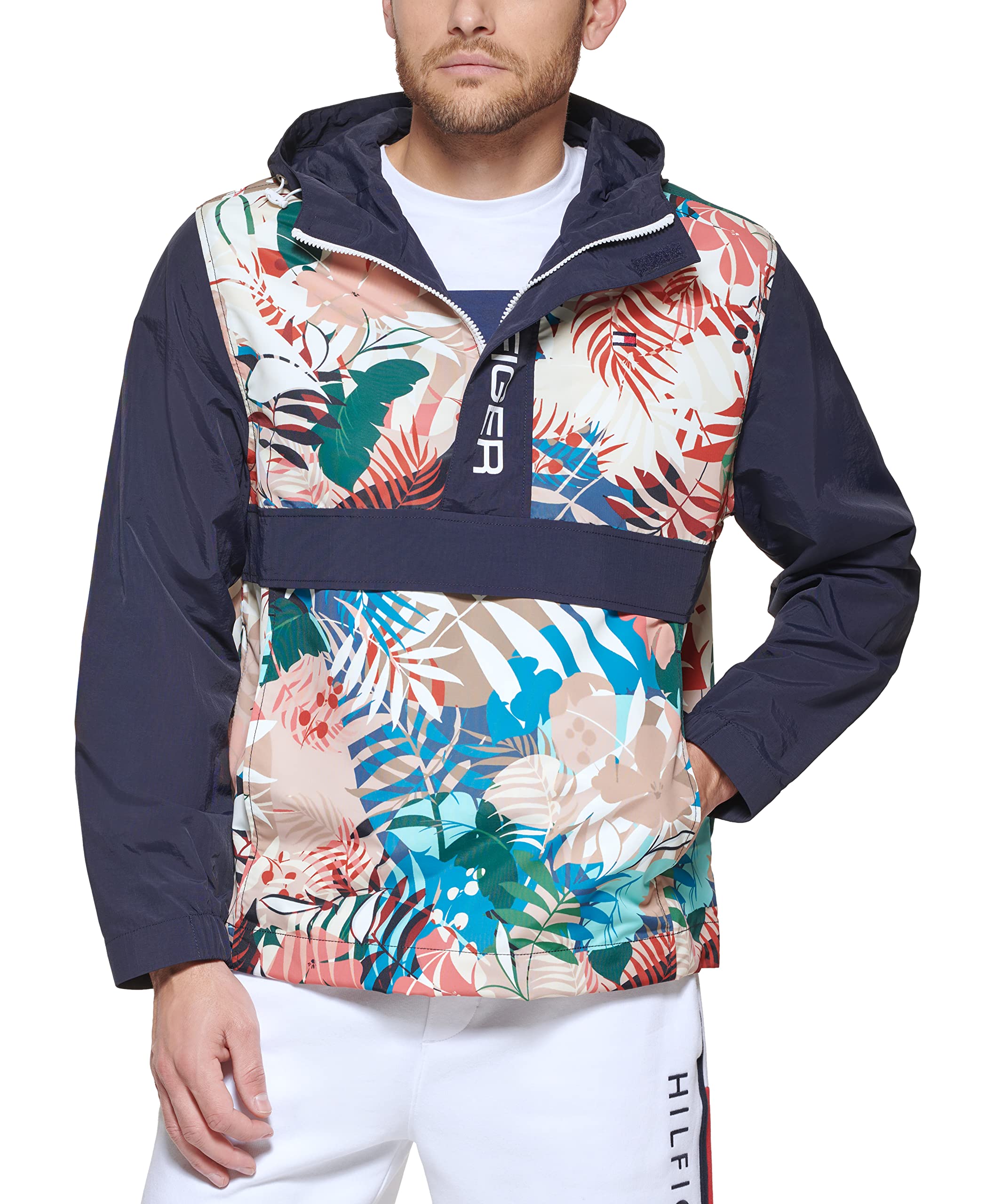 Tommy Hilfiger Leichte Taslan-Windjacke für Herren, mit Kapuze, wasserabweisend, Retro-Stil, Tropischer Druck, XXL