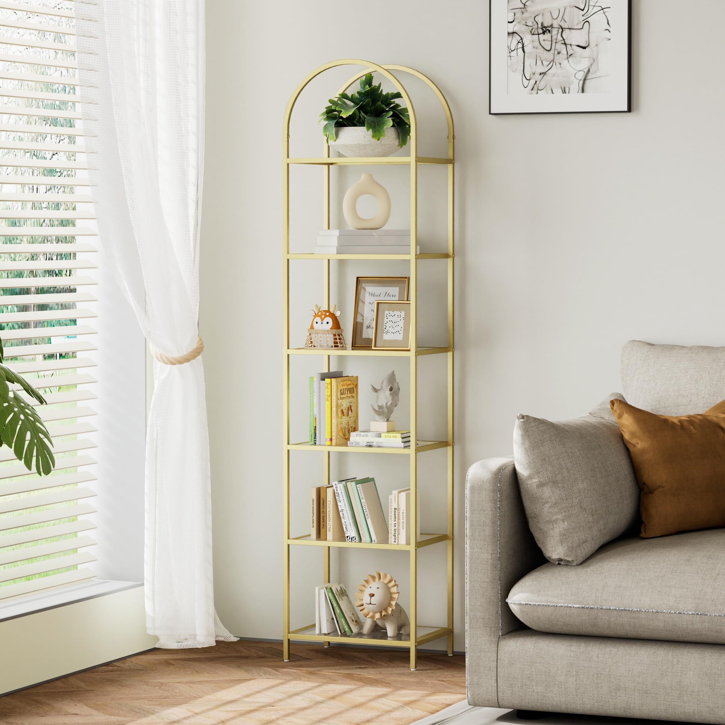 Homhedy Bookshelf Arched Display Racks,Metal Bookcase,Tempered Glass Shelves,Storage Rack Shelf for Home Office,Living Room,Bedroom, Bathroom,Modern Style (Golden, 11.8" D x 13.8" W x 68.1" H)