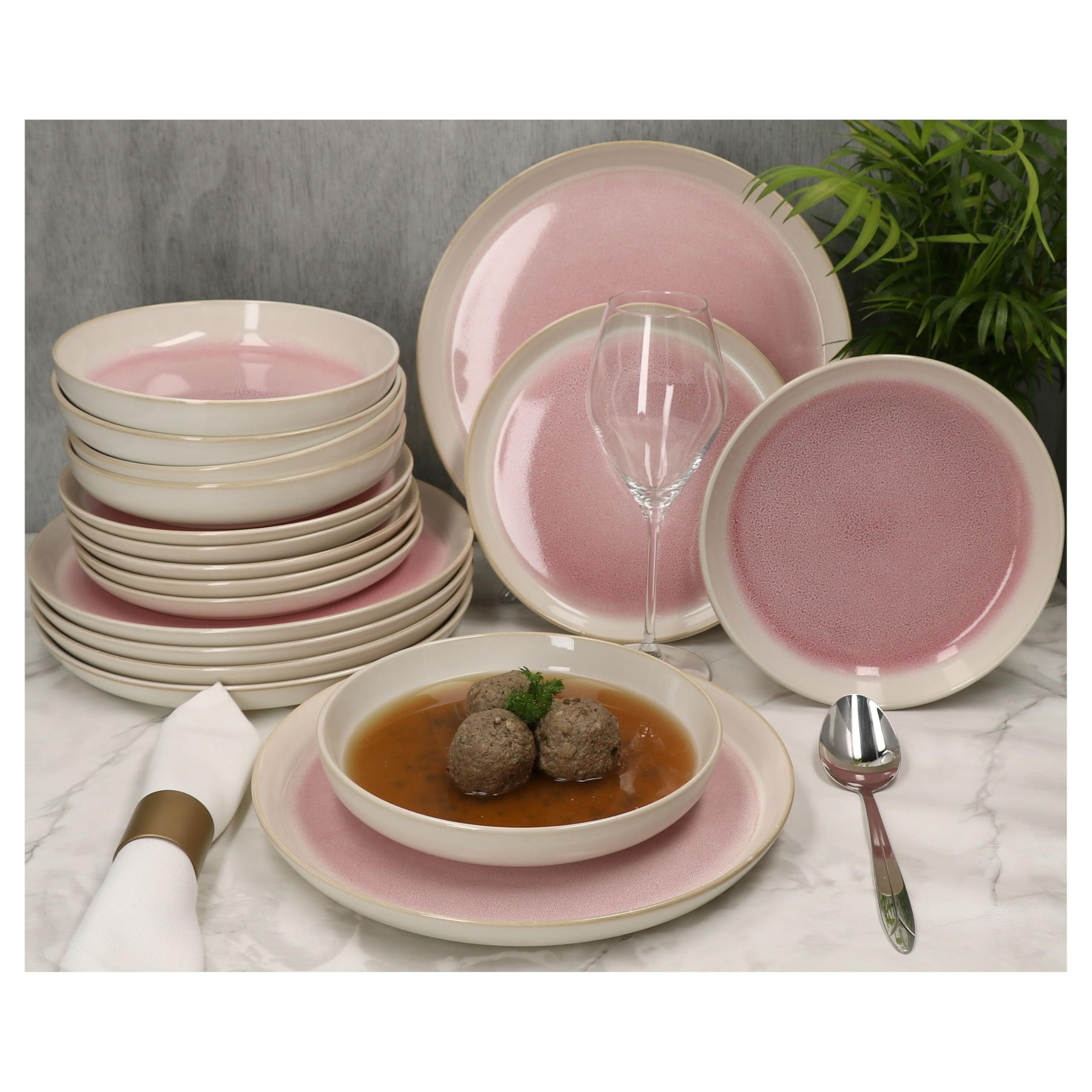 MamboCat 18tlg Tellerset Reactive Glaze Paris I Creme & Pink I Steingut-Geschirr für 6 Personen I je 6X Speiseteller, Suppenteller 400 ml & Kuchenteller