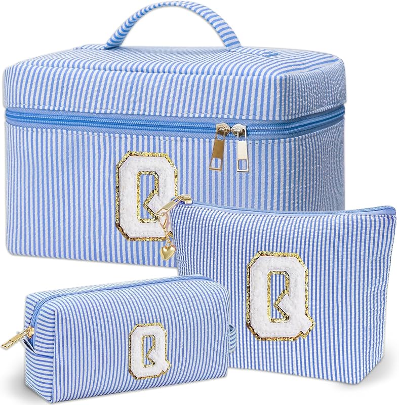 Necessaire de maquiagem com monograma Adoryoung Q azul, conjunto com 3