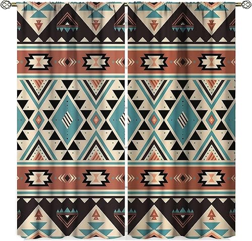 Cortinas aztecas, patrón étnico tribal nativo del suroeste, estilo bohemio occidental, geométrico, tratamientos de ventana para sala de estar, juego