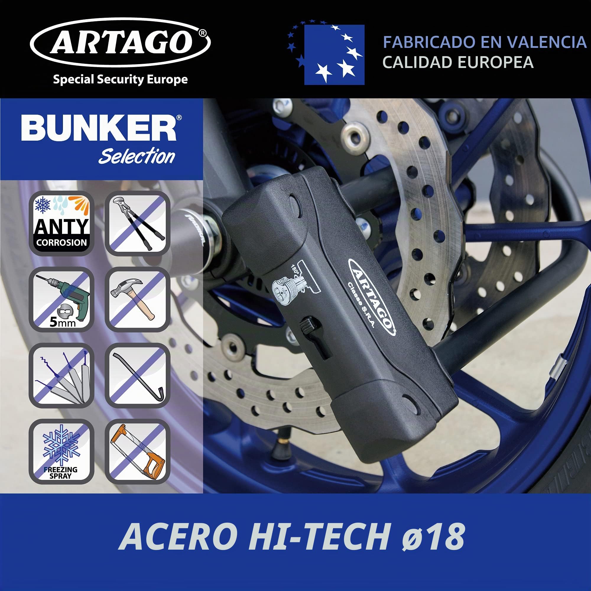 ARTAGO 18ART270 Candado Moto Alta Gama, Antirrobo U Nivel BUNKER Homologado SRA, Sold Secure Gold, ART4, Puro Acero Endurecido 18mm, Doble Cierre Blindado, Cerradura con Disco 5mm Anti-Taladro, 85x270