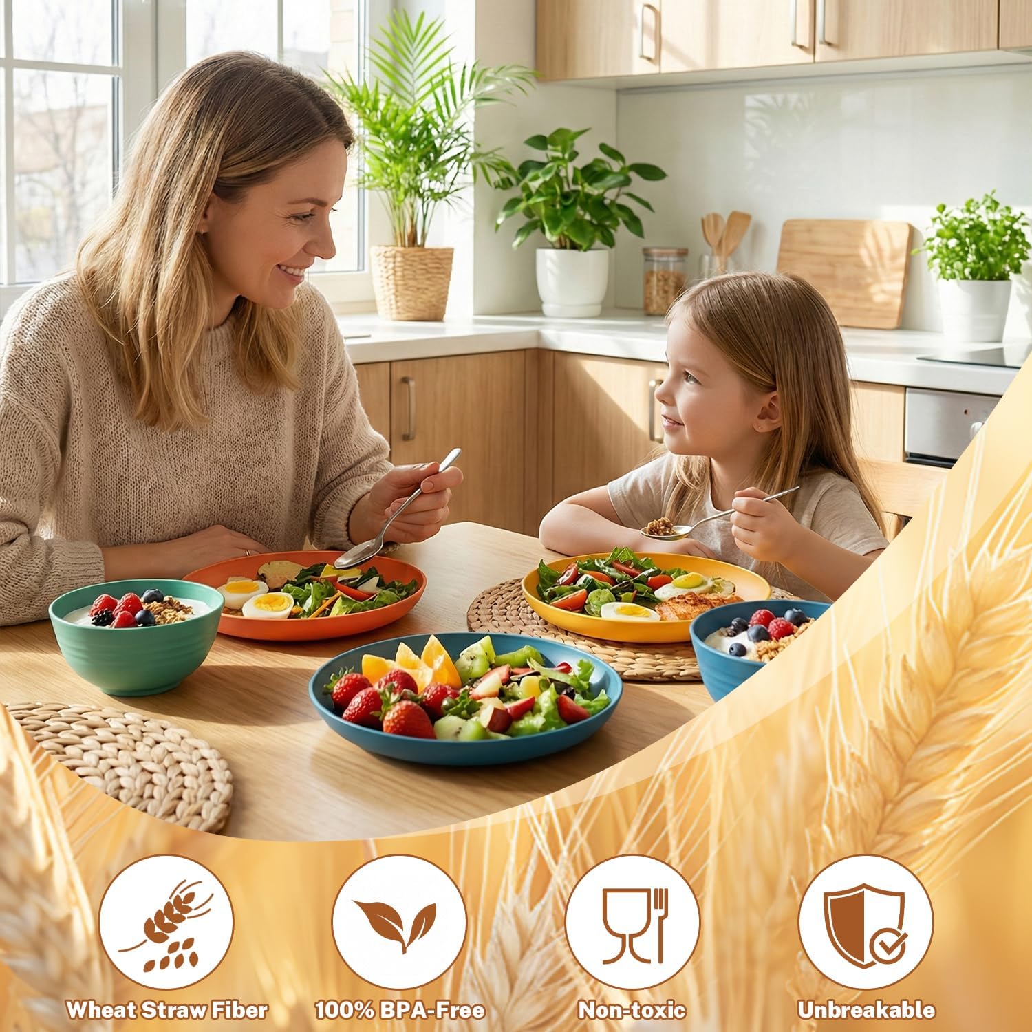 Wheat Straw Dinnerware Sets for 8, Unbreakable Plates and Bowls Sets for 8, 32-Piece Dishes Set, Microwave Safe Plastic Plates Reusable, Cups and Bowls Sets for Kitchen, Outdoor - Multi - Image 3