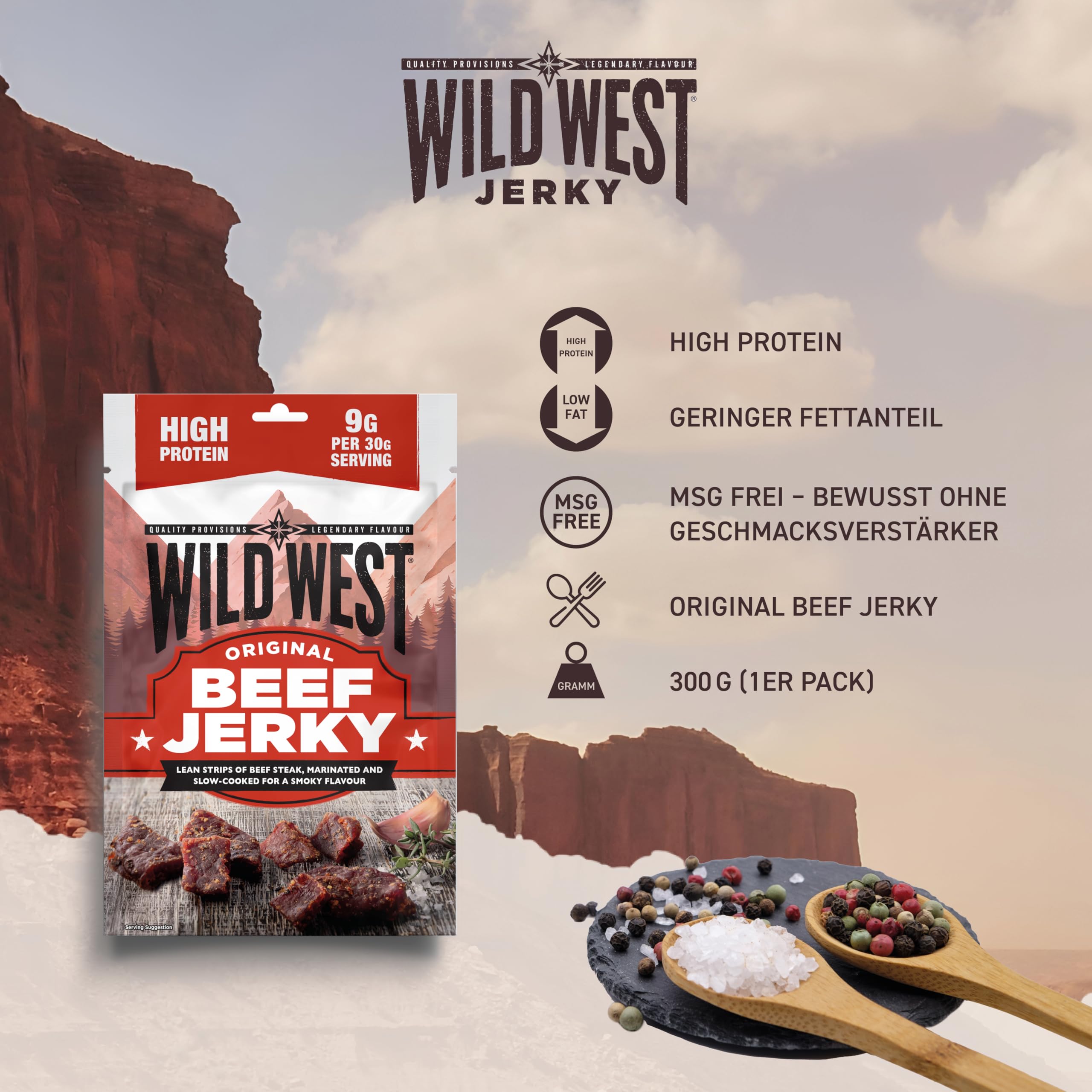 Wild West Beef Jerky, 300 g Original, carne seca altamente proteica, snack proteico Beef Jerky, cecina de vaca