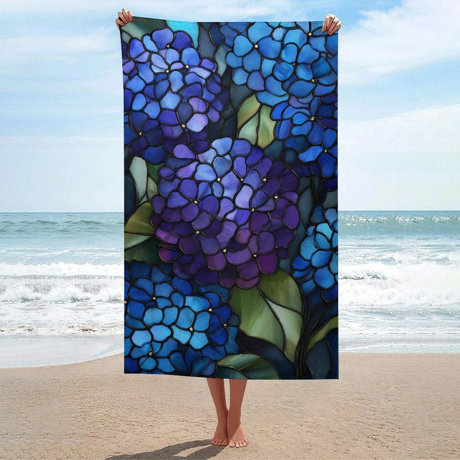LSRCPD Dense Clusters of Hydrangea Stained Glass Beach Towel Sand Free Microfiber Large Shower Towels Multipurpose Absorbent for Bathroom Pool 130x80 CM