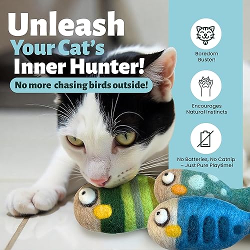 Miniatura 2 de Woolbuddy Juguetes para gatos de lana de fieltro, 3 juguetes para patadas de peces para gatos de interior, sin hierba gatera y duraderos