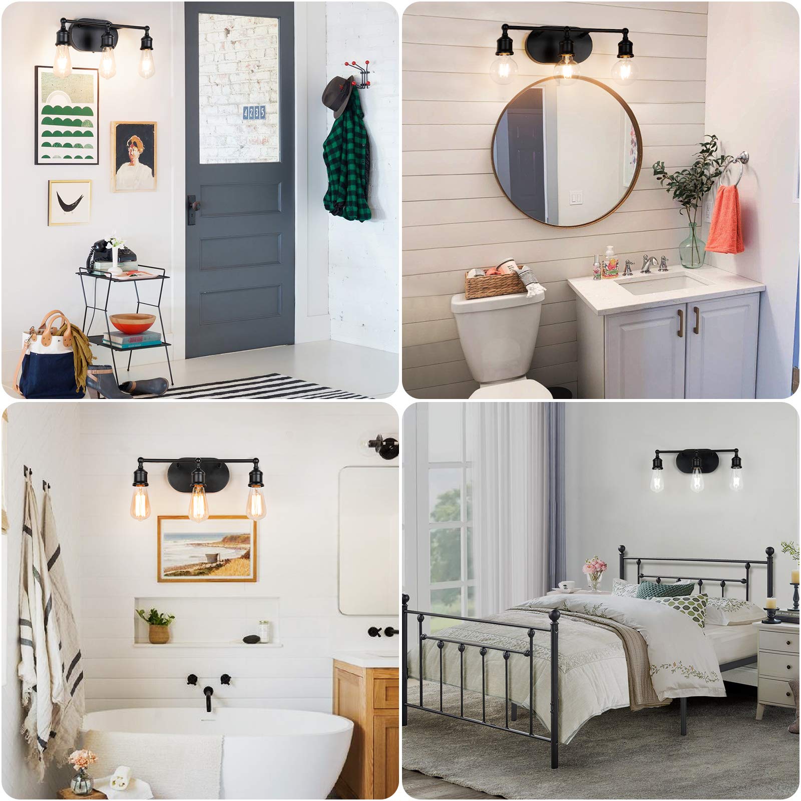 3-Light Vanity Light Fixture, Industrial Wall Sconce Lighting Black, Farmhouse Bathroom Vanity Wall Lights E26 Base, Vintage Metal Indoor Wall Lamp for Mirror Cabinet Kitchen Bedroom Hallway