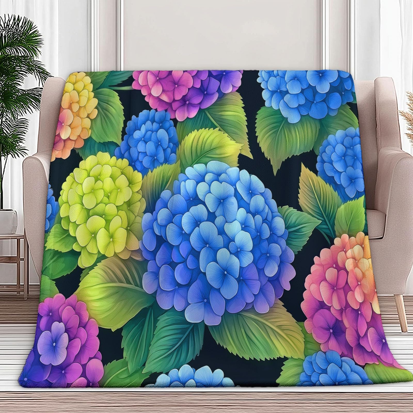 Koc Sherpa 180 x 200 cm Hortensja Rośliny w kratę Ciepły i wygodny koc Puszysty miękki kolor, dwustronny, przyjazny alergikom, na krzesło sofa łóżko biurowe