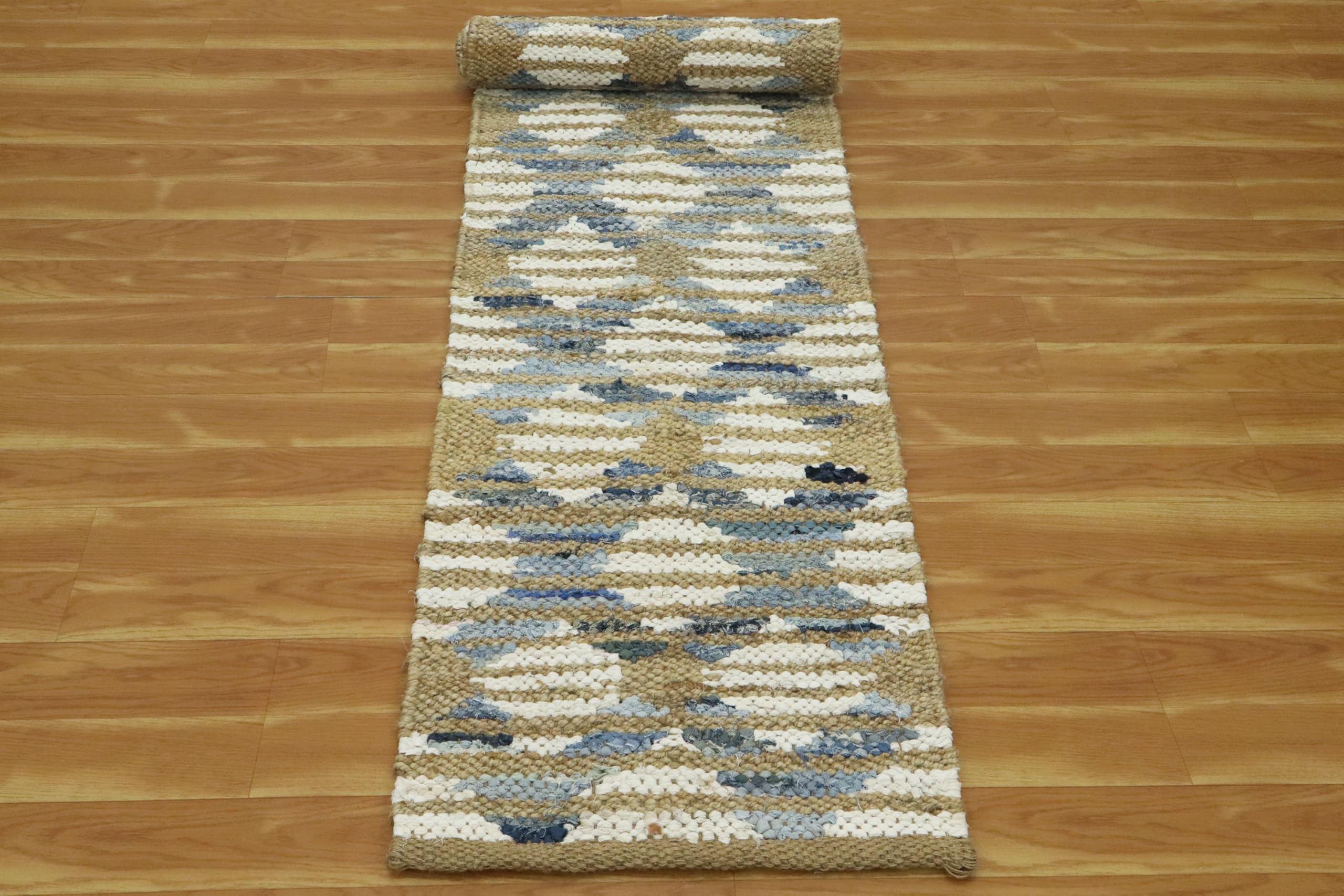 Tappeto in iuta intrecciata a mano, pesante, 6,3 x 35,5 cm, motivo geometrico naturale, blu e bianco, resistente, per interni ed esterni, ideale per corridoio, ingresso, scale, corridoio