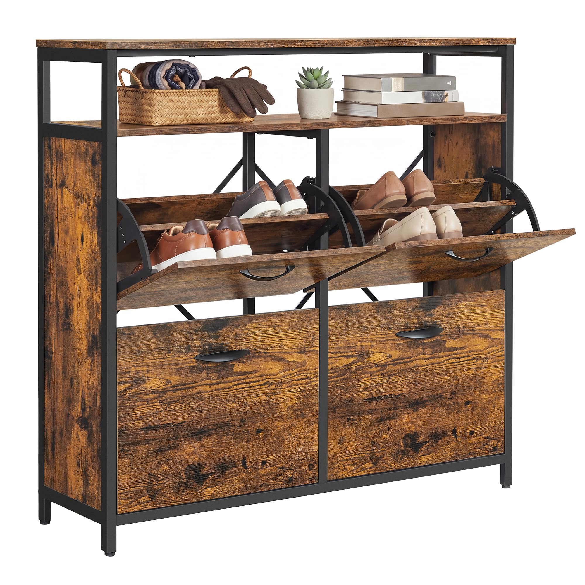 VASAGLE Shoe Cabinet, Hallway Shoe Box with 4 Rocker Doors, Narrow Shoe Storage with Divider for 12-20 Pairs of Shoes, 98.5 x 30 x 95 cm, Rustic Brown and Black LBS803B01