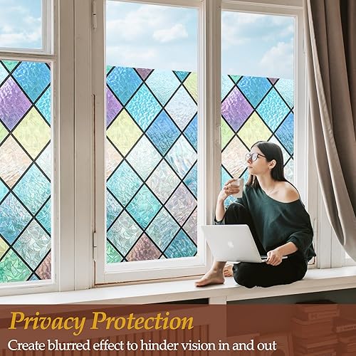 Miniatura 3 de Niviy Película de privacidad para ventana, película de vidrieras, calcomanías decorativas de ventana de arco iris, no adhesivas, para la oficina en