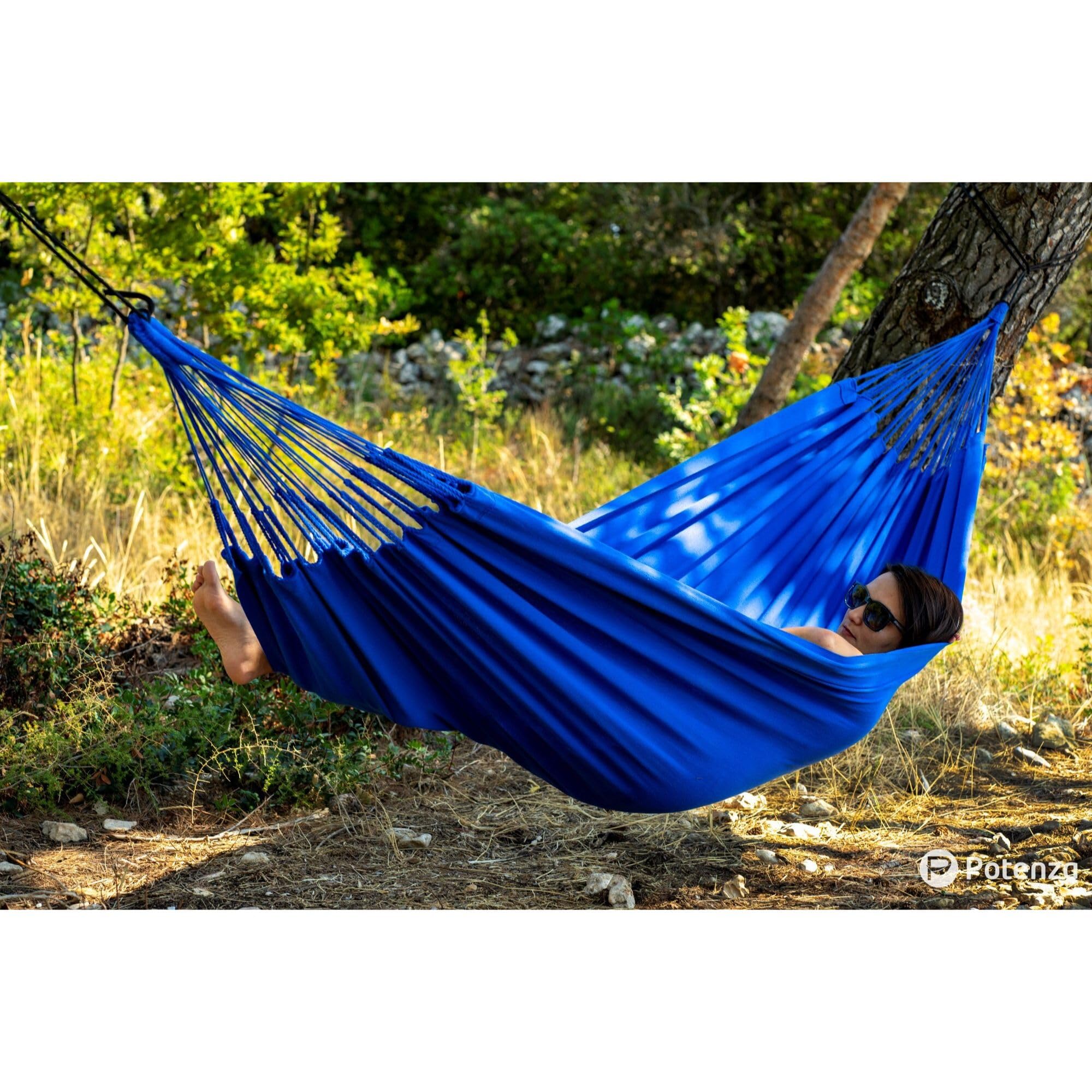 Potenza Outdoor Hängematte mit Gestell für 2 Personen I Merida- Baumwolle Doppelhängematte XXL 220x160, 220kg I Hängemattengestell 220kg, wetterfest (Blau, Basic Gestell Graphit)
