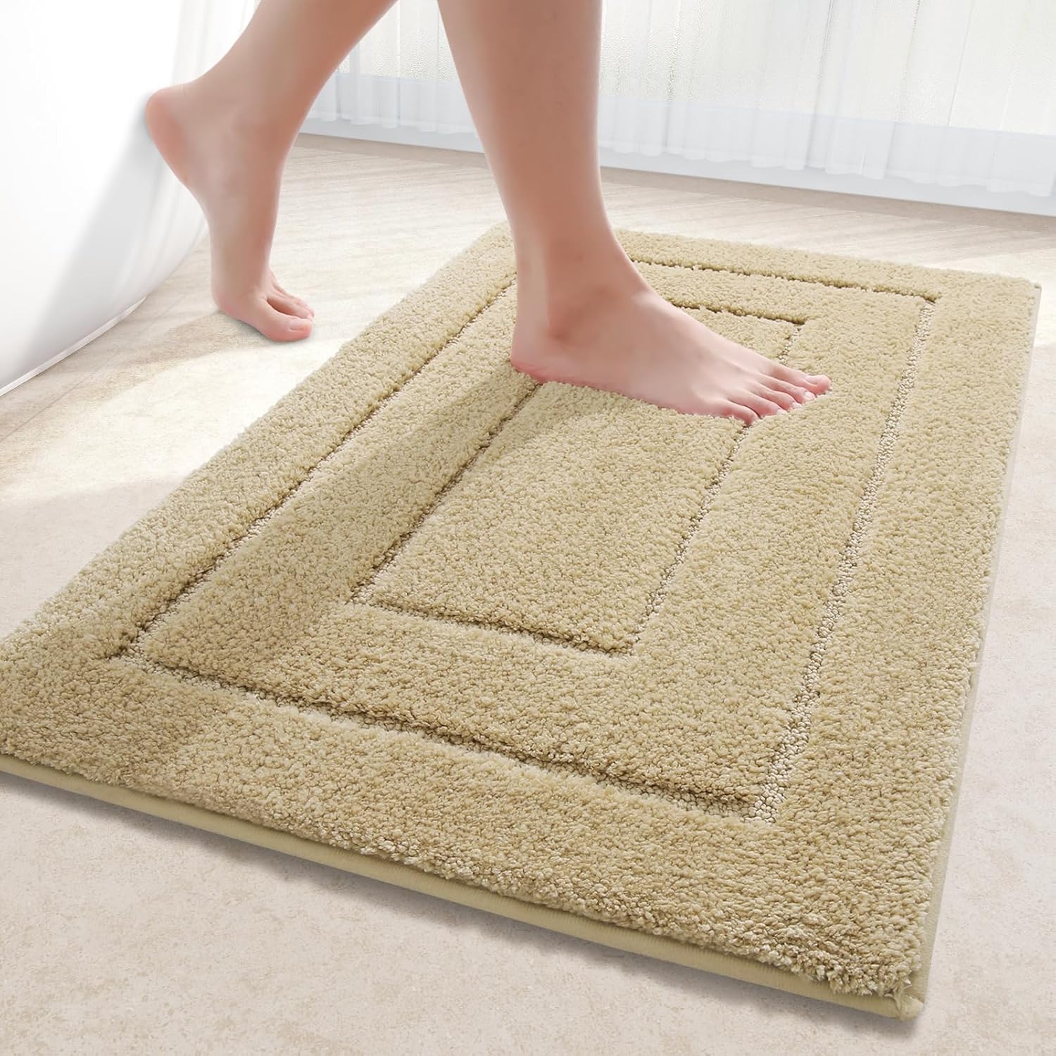 smiry Microfibre Bath Mat, Extra Soft Absorbent Bathroom Mat, Non-Slip Fluffy Rugs for Shower Floor, Machine-Washable Bath Rug Foot Mat, 40 x 60 cm, Beige