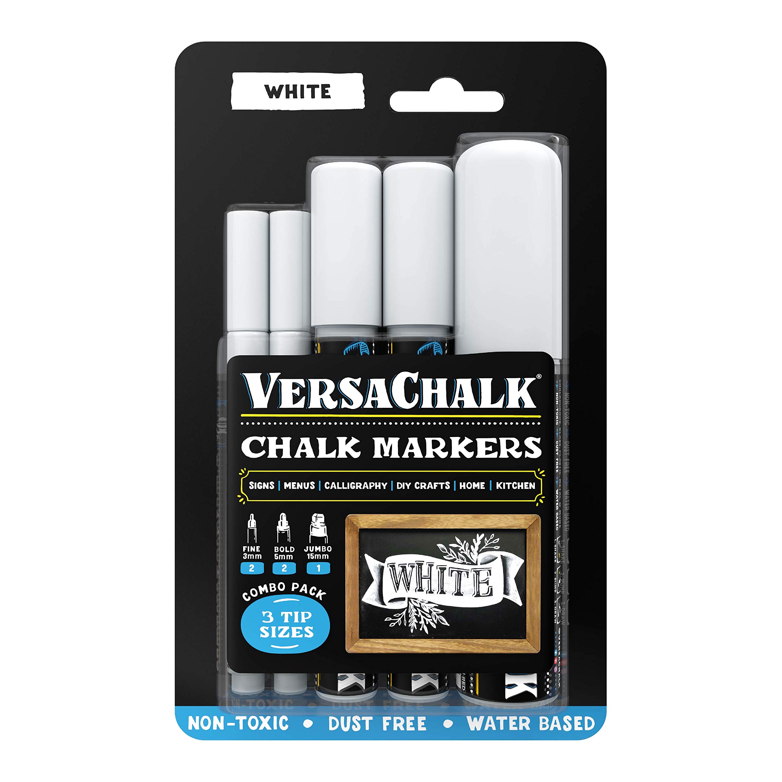VersaChalk White Liquid Chalk Markers for Blackboards (Set of 5 with JUMBO Tip) - Erasable Washable Chalk Pens for Chalkboard Signs, Windows, Glass, Events, Schools, Office Supplies, and Business