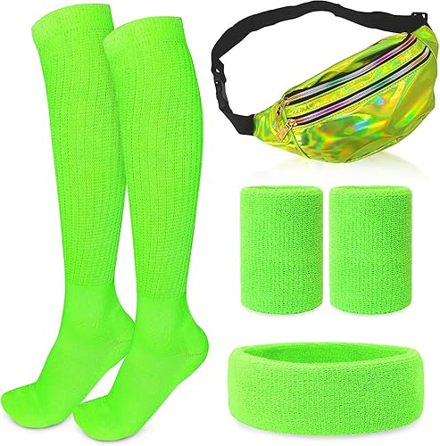 Juego de 4 riñoneras verdes de los años 80 y calcetines para mujer, juego de cangurera de neón verde, para entrenamiento de neón y pulsera, uso para
