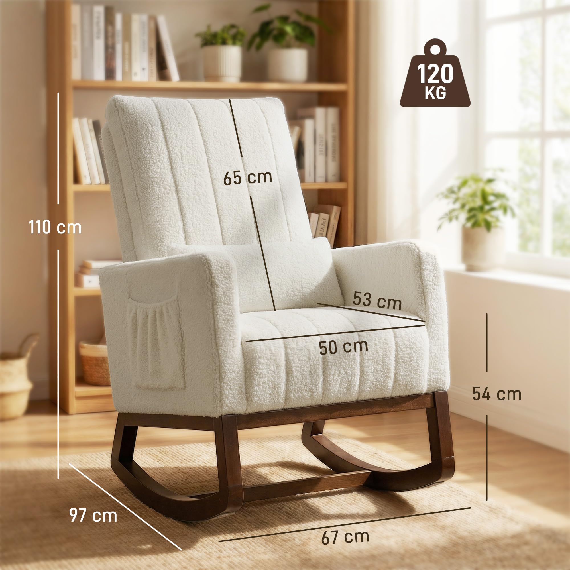HOMCOM Fauteuil à Bascule, Rocking Chair en Flanelle Neige, Chaise à Bascule rembourrée avec Coussin Lombaire, Dossier Haut, Poches latérales et Base en Bois d'hévéa, pour Salon, Chambre, crème