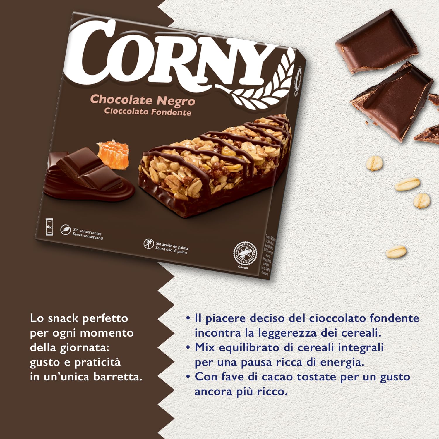 CORNY Original | 60 Barrette ai Cereali con Cioccolato Fondente, 10 Confezioni da 6 Barrette x 23 g, Senza Olio di Palma, Senza Conservanti, Cacao Certificato Rainforest Alliance