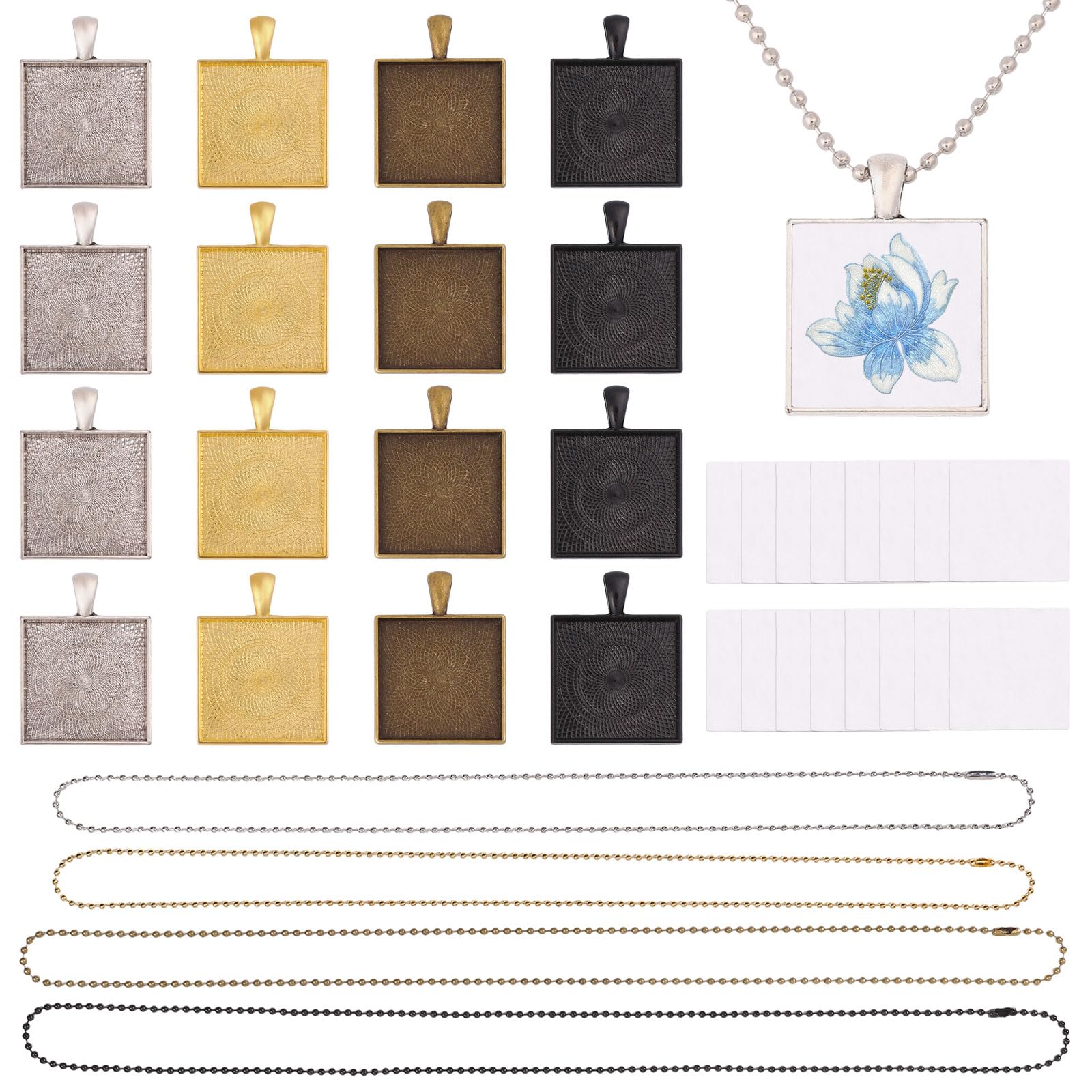 FREEBLOSS 16 Set Bezel Pendant Trays Necklace Square Blank Frames for Embroidery Jewelry Making Accessories Embroidery Pendant Base for DIY Crafts Projects Needlepoint
