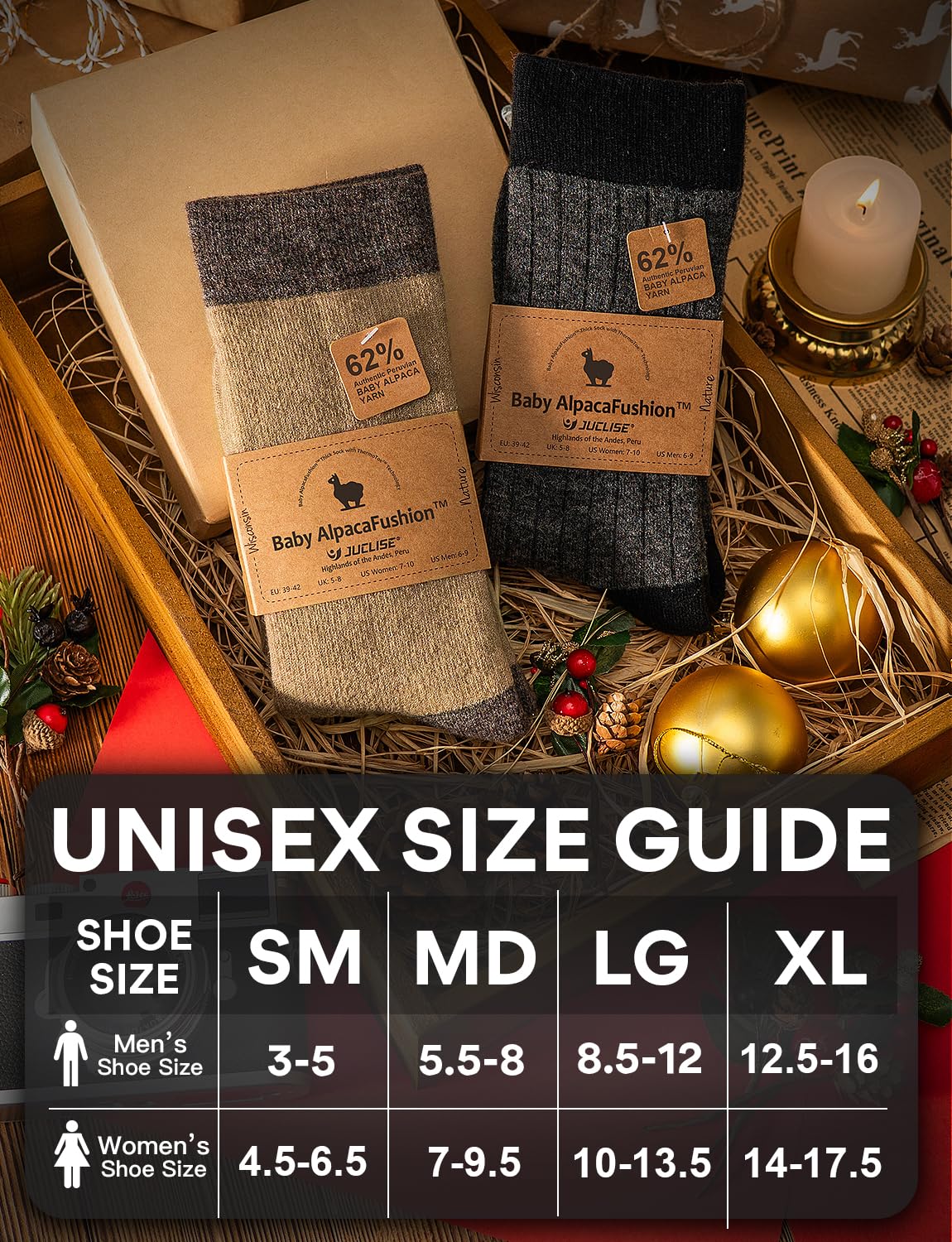 Juclise Chaussettes d'hiver en laine d'alpaga pour homme et femme, chaussettes d'hiver chaudes, épaisses et rembourrées, évacuant l'humidité, chaussettes respirantes