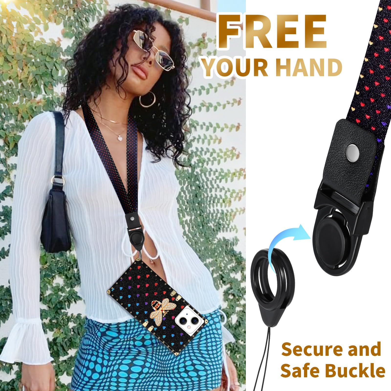 Loheckle Für Quadratische iPhone 13 Hülle, Designer Retro Luxus Hüllen für Frauen mit Ring Ständer Halter und Lanyard, Stilvolle Biene Cute Cover für iPhone 13 6,1 Zoll