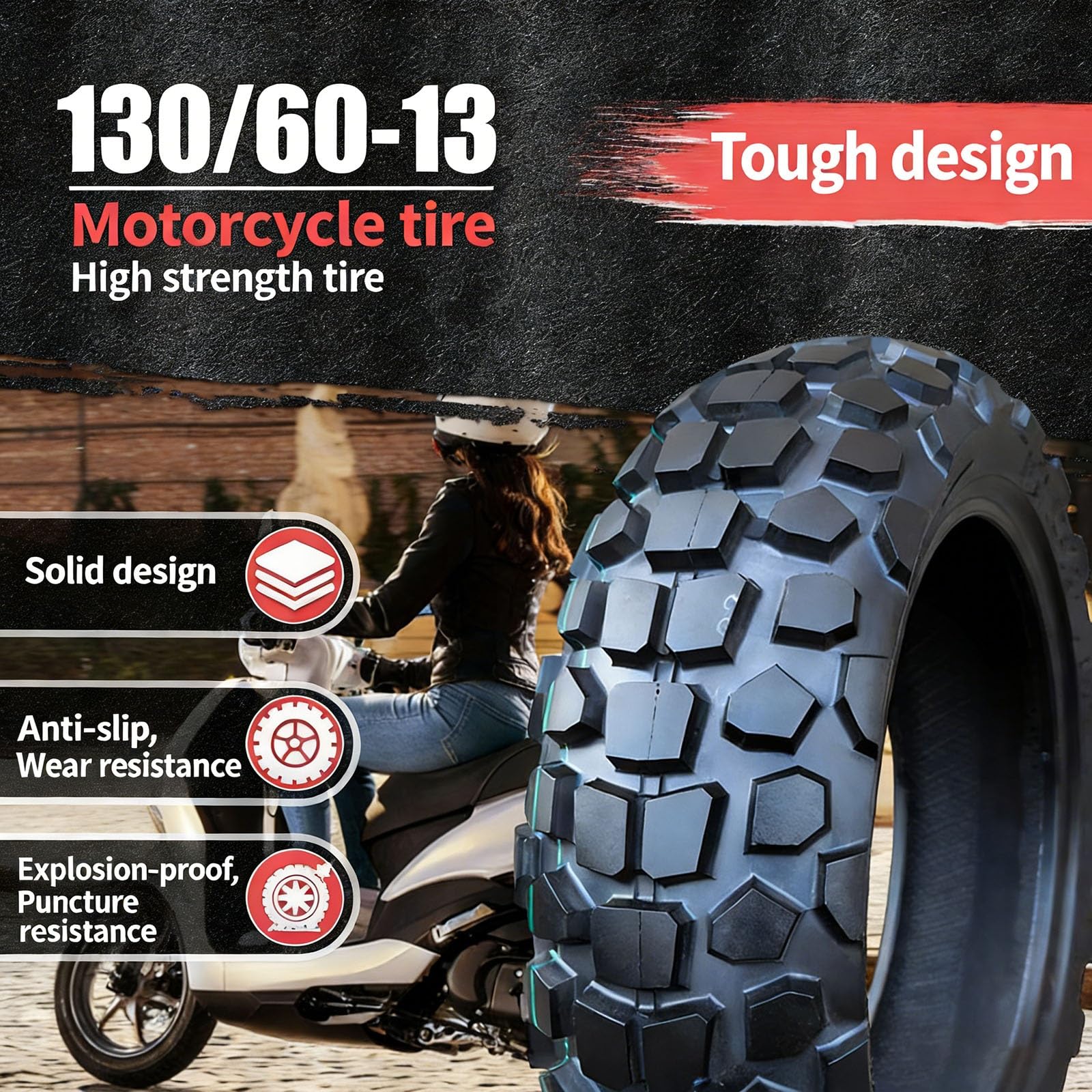 130/60-13 Opona Motocyklowa bez Wewnętrznej Rury, 6 P.R., 130/60/13 Odporna na Przebicia i Wybuchy, Wzór Blokowy dla Terenu i Miasta, Typ TL, Indeks Prędkości J, Obciążenie 51J