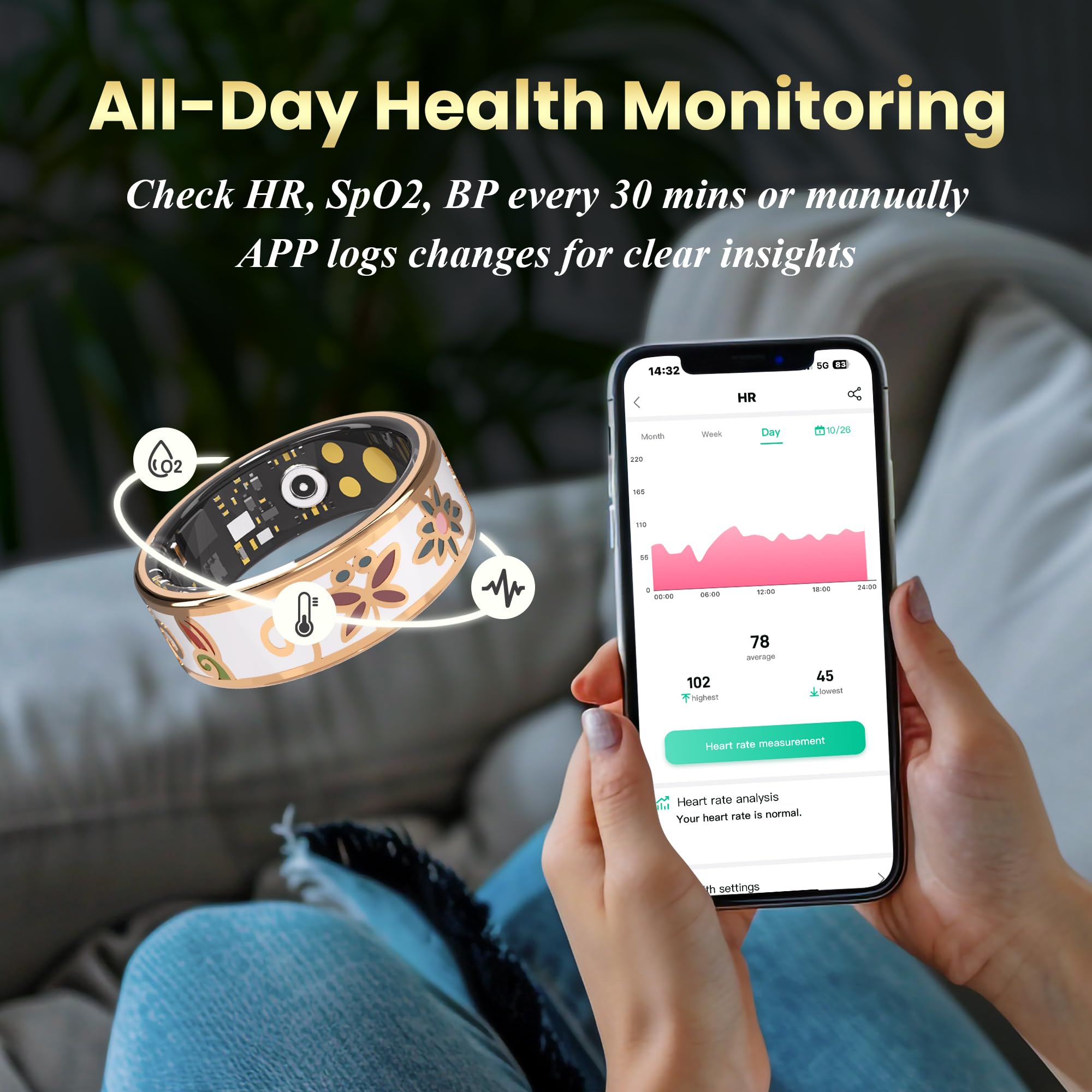 Enamel Craft Smart Ring for Women & Men - No Subscription Fee Fitness Tracker with Sleep Tracking, Heart Rate, SpO2 - IP68 Waterproof for iPhone Android - Activity Tracker, Remote Camera Size10