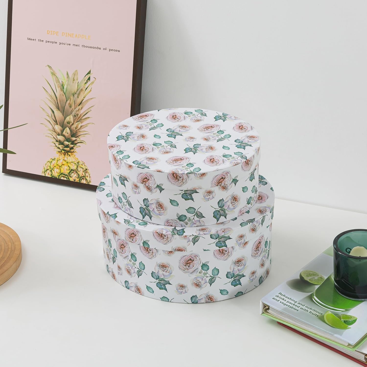 Soul & Lane Oblong Decorative Cardboard Storage Boxes with Lids, Set of 2 Floral Keepsake Boxes for Women, Oval Nesting Storage for Gifts, Home Decor, Organizing, Garden Roses